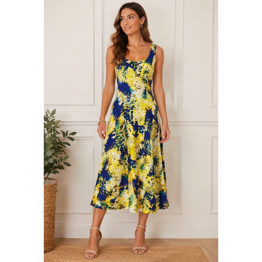 Karen Millen Navy and Yellow Floral Midi Dress